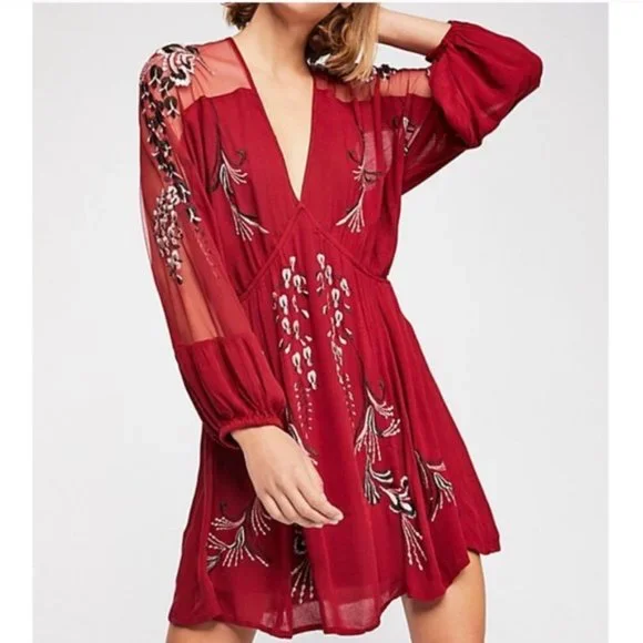 Free People Bonjour Embroidered Mini Dress